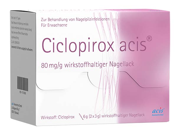 Schachtel mit medizinischem Ciclopirox acis 80 mg/g Nagellack zur Behandlung von Nagelinfektionen, weiße und rosa Verpackung mit einem grafischen Detail von Fußnägeln, deutscher Text.