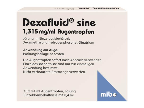 Eine weiße Packung Dexafluid sine 1,315 mg/ml Augentropfen von mibe, beschriftet in deutscher Sprache mit Dosierungs- und Anwendungshinweisen.