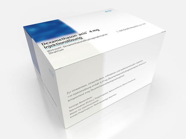 Eine weiße Schachtel mit blauen Details und der Aufschrift "Dexamethason acis 4 mg Injektionslösung".