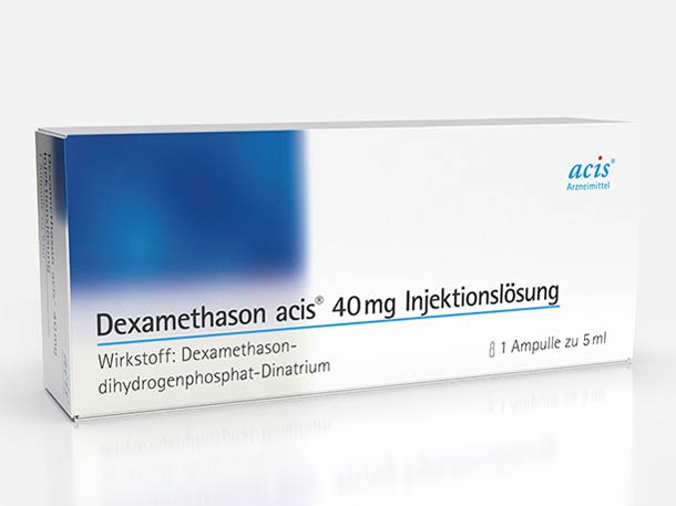 Eine weiße Verpackung mit blauen Details, die Dexamethason acis 40mg Injektionslösung enthält, bestehend aus 1 Ampulle à 5ml, von acis Arzneimittel.