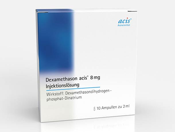 Eine weiße Schachtel mit blauen Details, die Dexamethason acis 8 mg Injektionslösung enthält, bestehend aus 10 Ampullen à 2 ml, von acis Arzneimittel.