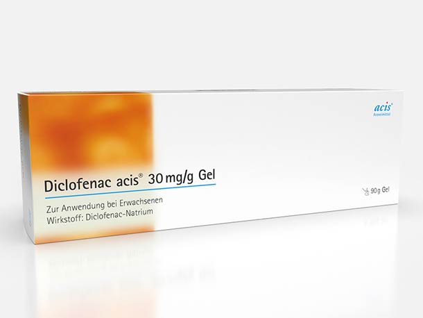 Eine weiße Schachtel mit gelb-orangen Details, die Diclofenac acis 30 mg/g Gel für Erwachsene enthält, mit 90 g Inhalt.