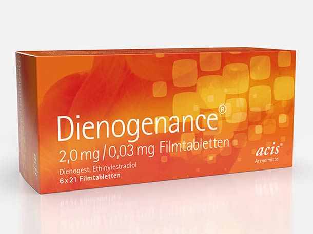 Eine Schachtel mit orange-gelbem Design und weißer Schrift, die Dienogenance 2,0 mg/0,03 mg Filmtabletten enthält.