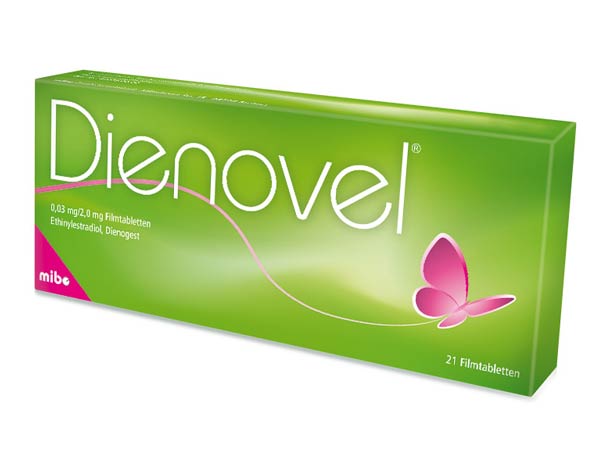 Grüne Schachtel der Dienovel-Filmtabletten mit rosa Schmetterlingsmotiv, weißer Beschriftung und Angabe von 21 Tabletten.