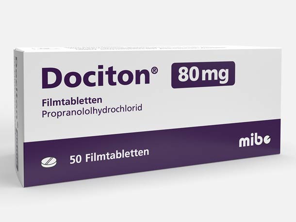 Eine Schachtel Dociton 80 mg Filmtabletten Propranololhydrochlorid, enthält 50 Tabletten, hergestellt von mibe.