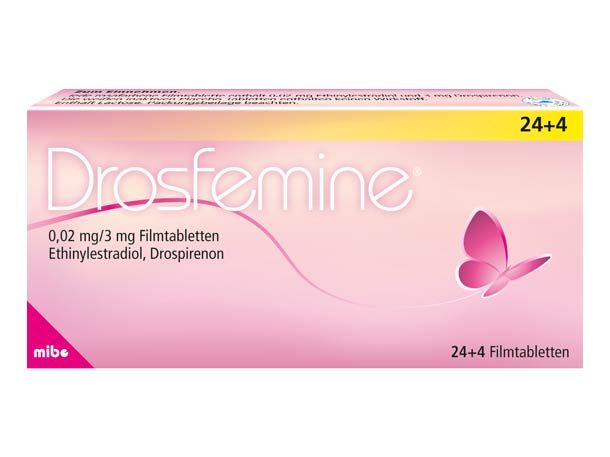 Eine rosafarbene Schachtel mit der Antibabypille Drosfemine mit einer Schmetterlingsgrafik und Dosierungsinformationen auf der Vorderseite.