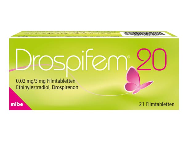 Eine grüne Schachtel Dropsifem 20 Antibabypillen mit 21 Filmtabletten und einem rosa Schmetterlingsmotiv auf der Verpackung.