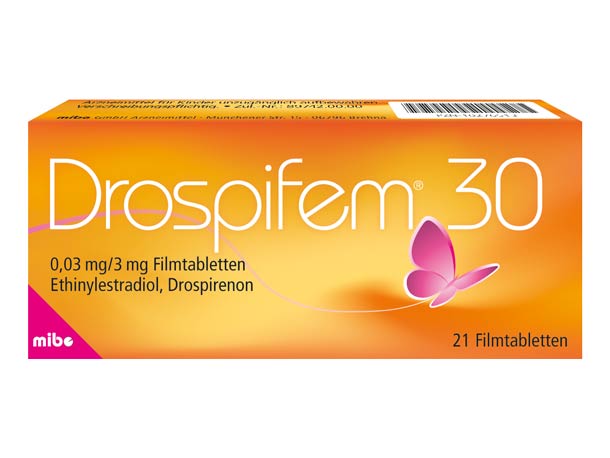 Schachtel mit Drosfipem 30-Tabletten, orange mit rosa Schmetterlingsmotiv, enthält 21 Filmtabletten Ethinylestradiol und Drospirenon.