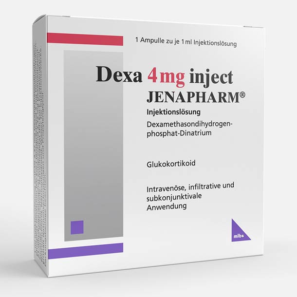 Weiße Schachtel Dexa 4 mg Inject JENAPHARM zur Glukokortikoid-Injektion, mit violetten und roten Akzenten und deutschem Text.