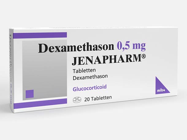 Eine Schachtel Dexamethason 0,5 mg JENAPHARM Tabletten, gekennzeichnet als Glukokortikoid, enthält 20 Tabletten.