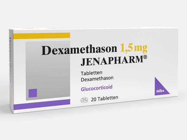 Weiße Schachtel Dexamethason 1,5 mg JENAPHARM mit 20 Tabletten, ausgestattet mit gelben und violetten Designelementen.
