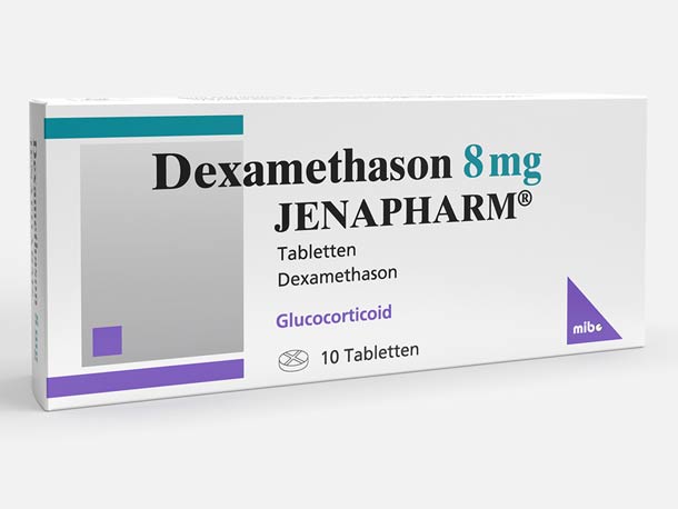 Weiße Schachtel Dexamethason 8 mg JENAPHARM mit 10 Tabletten, ausgestattet mit blauen und violetten Designelementen.