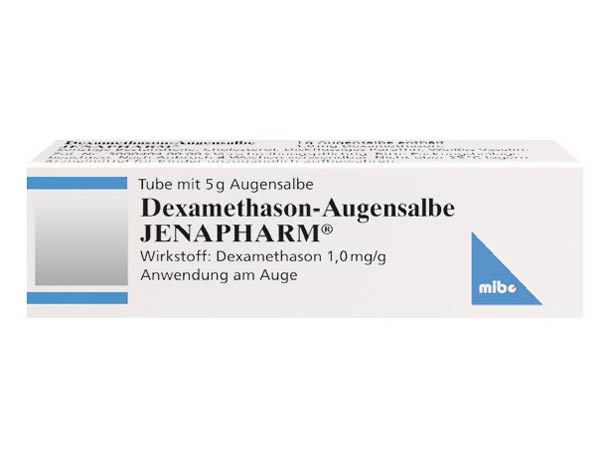 Schachtel Dexamethason-Augensalbe JENAPHARM, 5g, mit blau-weißem Etikett.