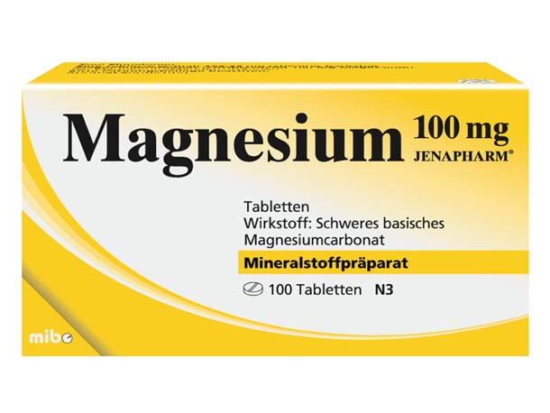 Gelb-weiße Schachtel mit der Aufschrift „Magnesium 100 mg“, enthält 100 Tabletten Magnesiumcarbonat von Jenapharm.