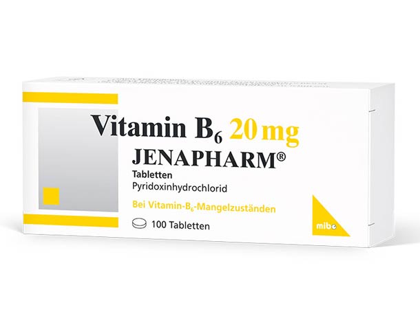 Weiße Schachtel von Jenapharm Vitamin B6 20 mg mit gelben Details und 100 Tabletten Inhalt.