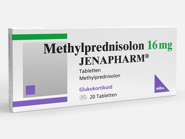 Schachtel mit Methylprednisolon 16 mg Tabletten von Jenapharm, enthält 20 Tabletten, gekennzeichnet als Glukokortikoid-Medikament.