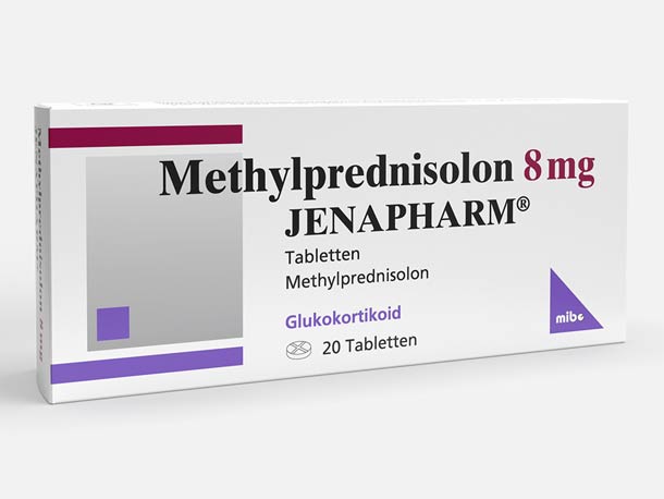 Eine Schachtel Methylprednisolon 8 mg Tabletten von JENAPHARM, gekennzeichnet als Glukokortikoid, enthält 20 Tabletten.