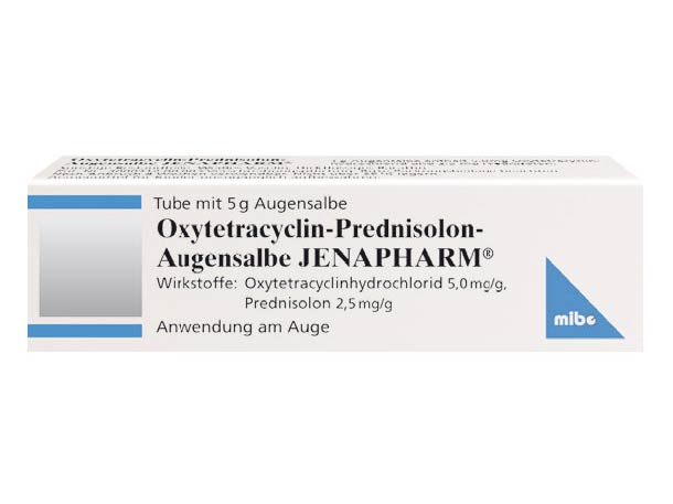 Weiße Packung Oxyteracyclin-Prednisolon-Augensalbe JENAPHARM, 5 g, mit deutscher Beschriftung und blauen Details.