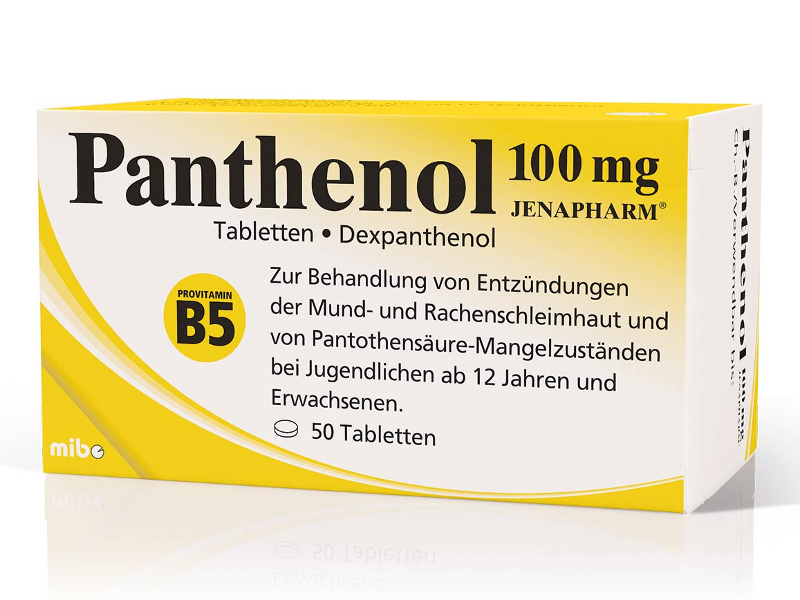Weiß-gelbe Packung mit Panthenol 100 mg Tabletten von Jenapharm, zur Behandlung von Entzündungen im Mund- und Rachenraum, mit deutscher Beschriftung, 50 Tabletten.