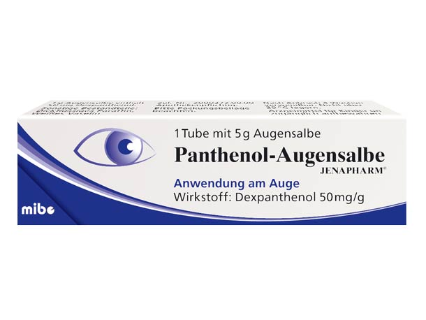 Weiß-violette Packung Panthenol-Augensalbe mit 5 g Inhalt und 50 mg/g Dexpanthenol, ausgewiesen zur Anwendung am Auge.