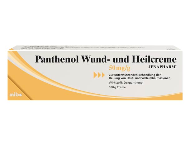 Gelb-weiße Schachtel Panthenol Wund- und Heilcreme von Jenapharm, 50 mg/g, 100 g Inhalt.