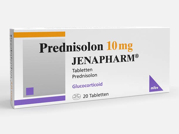 Eine Schachtel Prednisolon 10 mg Tabletten von JENAPHARM, gekennzeichnet als Glukokortikoid, enthält 20 Tabletten.