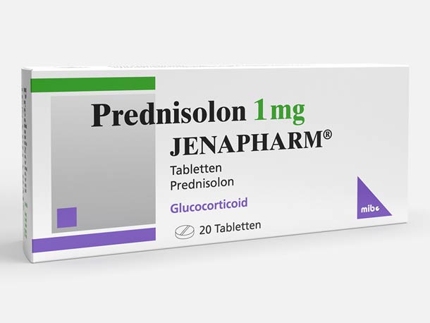 Schachtel mit Prednisolon 1 mg Jenapharm-Tabletten, gekennzeichnet als Glukokortikoid, enthält 20 Tabletten.
