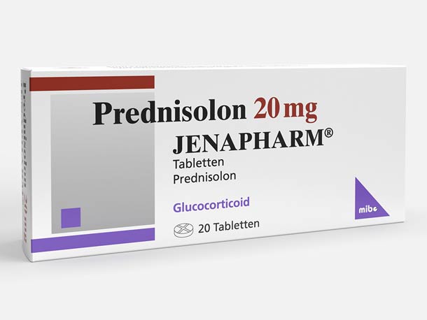 Eine Schachtel Prednisolon 20 mg Tabletten von Jenapharm, gekennzeichnet als Glukokortikoid, enthält 20 Tabletten.