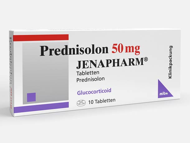 Eine Schachtel Prednisolon 50 mg Tabletten von Jenapharm, gekennzeichnet als Glukokortikoid, enthält 10 Tabletten.