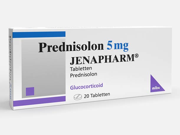 Packung mit Prednisolon 5 mg JENAPHARM Tabletten, gekennzeichnet als Glukokortikoid, mit 20 Tabletten.