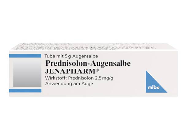 Eine Packung Prednisolon-Augensalbe von Jenapharm mit 5 g Inhalt zur Anwendung am Auge in blau-weißer Verpackung.