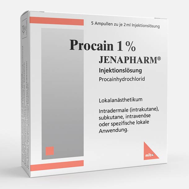 Weiße Schachtel mit der Aufschrift „Procain 1% Jenapharm“, einer Lokalanästhesie-Injektion, mit deutschem Text zur Beschreibung der Anwendung.