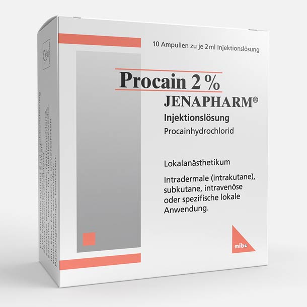 Packung Procain 2 % Jenapharm, Lokalanästhesie-Injektion, mit deutschem Text zu Anwendung und Dosierung.