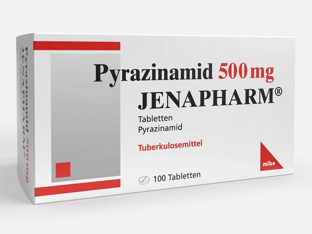 Schachtel Pyrazinamid 500 mg Jenapharm Tabletten, Tuberkulosemedikament, weiße Verpackung mit rot-schwarzer Schrift, enthält 100 Tabletten.