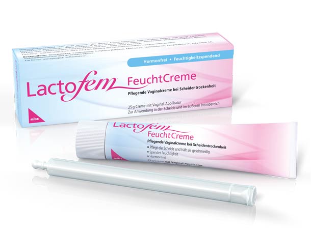 Eine Schachtel und Tube LactoFem FeuchtCreme mit Vaginalapplikator zur Linderung von Scheidentrockenheit, abgebildet auf weißem Hintergrund.