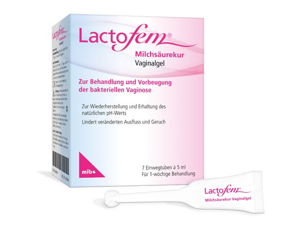 Schachtel und Applikator des Vaginalgels LactoFem zur Behandlung und Vorbeugung bakterieller Vaginose, beschriftet in deutscher Sprache.
