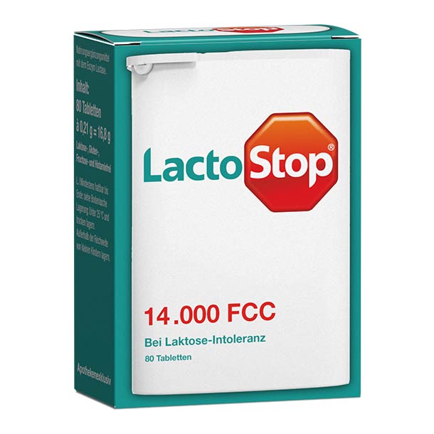 Eine Schachtel mit LactoStop 14.000 FCC-Tabletten gegen Laktoseintoleranz, mit weißer, roter und blaugrüner Verpackung.