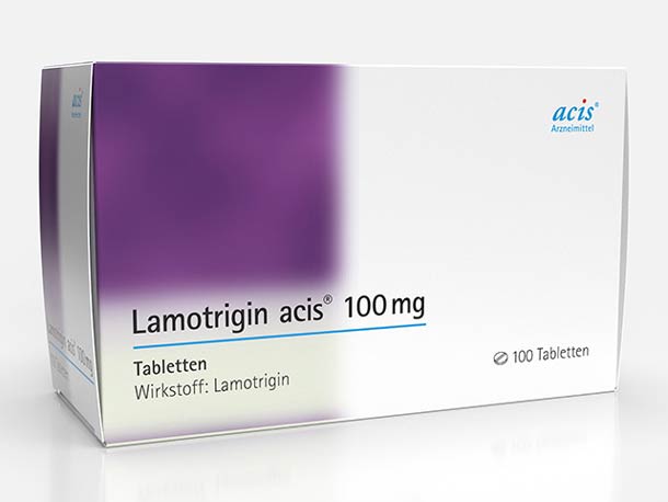 Eine weiße Schachtel mit lila Details und der Aufschrift „Lamotrigin acis 100 mg“, die 100 Tabletten des Medikaments Lamotrigin enthält.