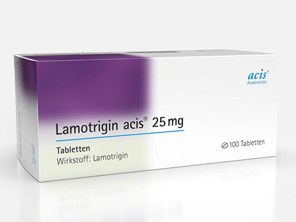 Eine weiß-violette Schachtel mit Lamotrigin acis 25 mg, die 100 Tabletten enthält.