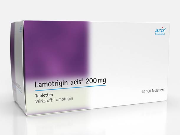 Eine weiße Schachtel mit Lamotrigin acis 200 mg Tabletten, mit violetter Schattierung und 100 Tabletten des Medikaments Lamotrigin.