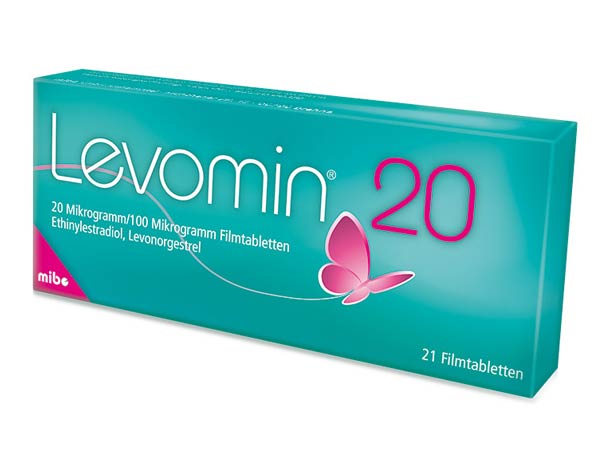 Blaugrüne Levomin 20-Verpackung mit rosa Schmetterlingsmotiv, enthält 21 Filmtabletten zur Empfängnisverhütung.