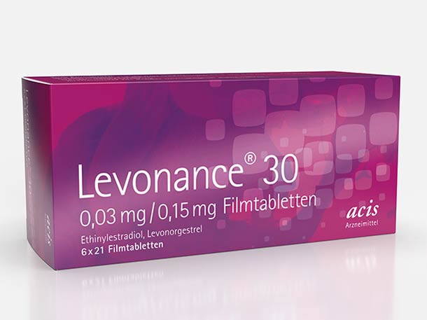Eine lilafarbene Schachtel mit Levonance 30, mit 0,03 mg Ethinylestradiol und 0,15 mg Levonorgestrel pro Filmtablette.