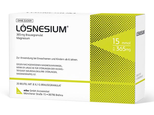 Eine Schachtel Lösnesium 365mg Brausegranulat Magnesium, für Erwachsene und Kinder ab 6 Jahren, weiß-gelbe Verpackung.