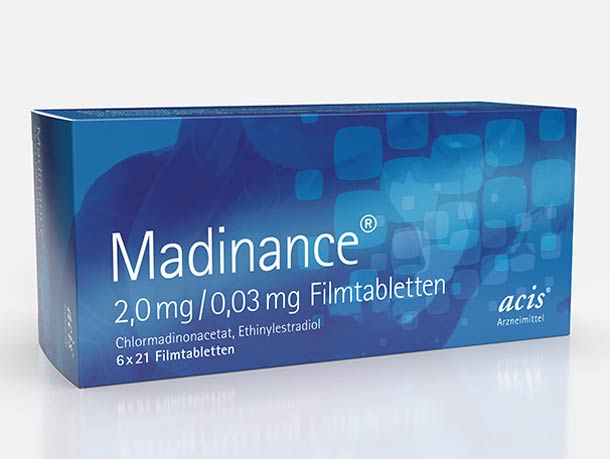Blaue Schachtel Madinance 2,0 mg Chlormadinonacetat und 0,03 mg Ethinylestradiol, mit 6 x 21 Tabletten, von acis Arzneimittel.