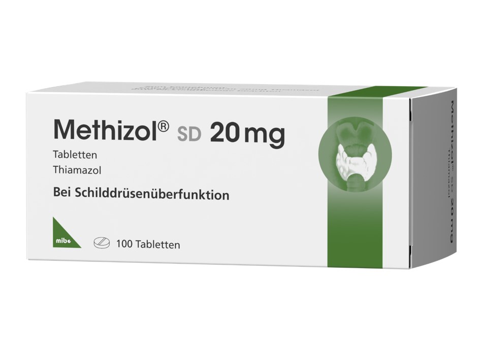 Eine weiß-grüne Schachtel mit Methizol SD 20 mg Tabletten gegen Schilddrüsenerkrankungen, die 100 Tabletten enthält.