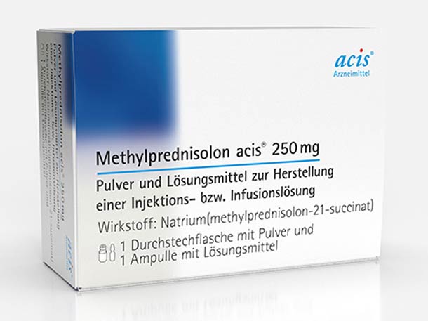Eine weiße Schachtel mit blauen Details, Methylprednisolon acis 250 mg Pulver und Lösungsmittel zur Herstellung einer Injektions- oder Infusionslösung.