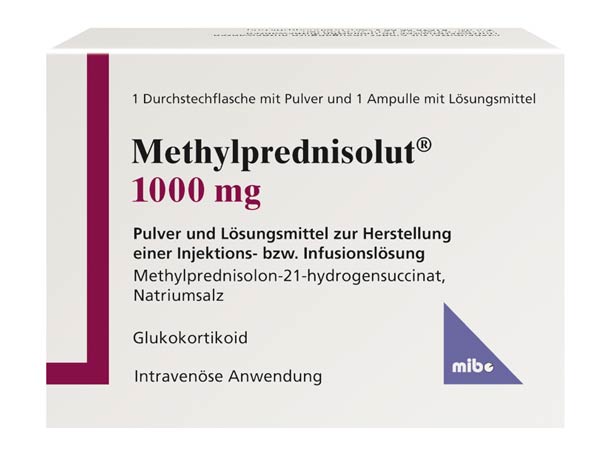 Schachtel mit Methylprednisolut 1000 mg, einem Glukokortikoid zur intravenösen Anwendung, mit deutscher Beschriftung sowie violetten und rosa Akzenten.