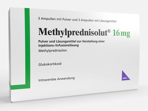 Packung mit Methylprednisolut 16 mg mit deutscher Anwendungsbeschreibung zur Injektion oder Infusion; enthält Pulver und Lösungsampulle.