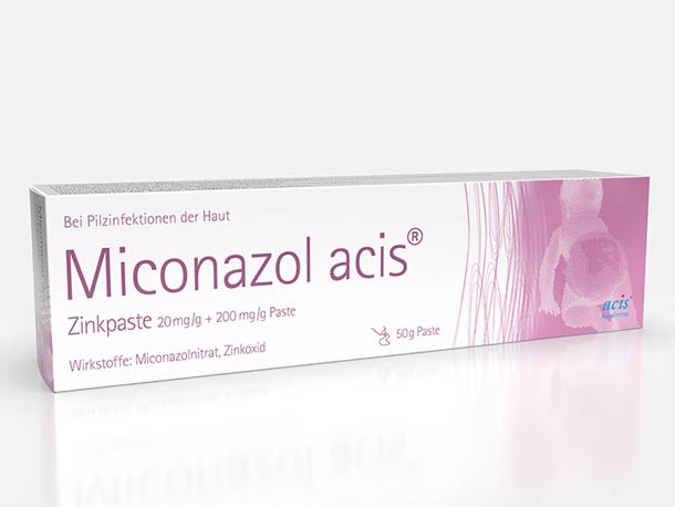Eine Schachtel Miconazol acis Zinkpaste, 50 g Paste, gegen Pilzinfektionen der Haut, in weiß-rosa Verpackung.