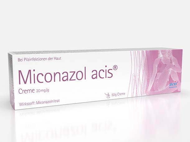 Eine Schachtel Miconazol acis Creme, 20 mg/g, gegen Pilzinfektionen der Haut, 50-g-Tube, mit rosa-weißer Verpackung.